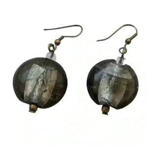 Earrings Venetian Glass Beads Dark Smoky Grey Silver Foil Handmade Jewelry Women